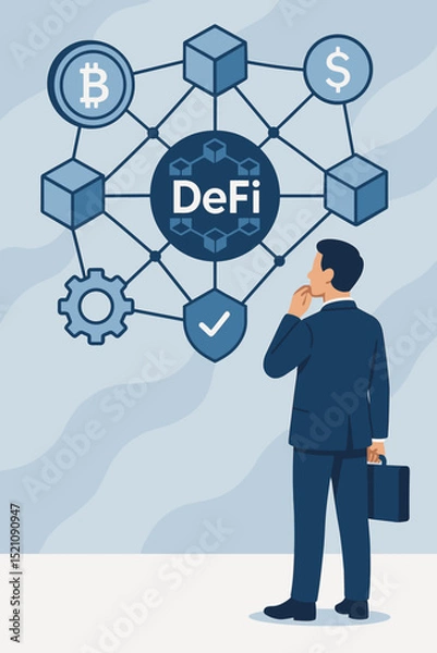 Fototapeta Decentralized Finance (DeFi) network observation. Man analyzing blockchain technology, cryptocurrency, digital assets, secure transactions, and innovative financial future. Fintech solutions.