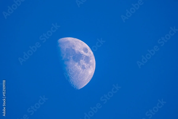 Fototapeta Waxing gibbous moon in a deep blue evening sky. Detailed surface texture captured through a telescope. Peaceful and minimalist night sky astronomy scene.
