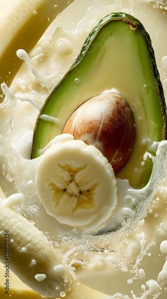 Fototapeta Fresh avocado and banana slices in milk splashes.