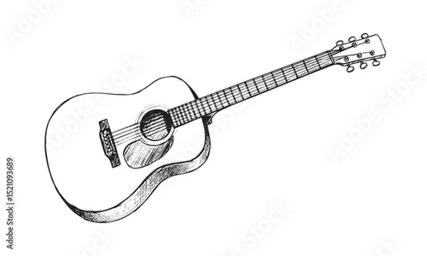 Fototapeta Hand drawn acoustic guitar silhouette vector illustration with detailed strings and frets isolated on a white transparent background
