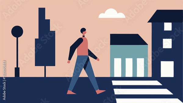 Obraz Person crossing street at zebra crossing in minimalist cityscape illustration