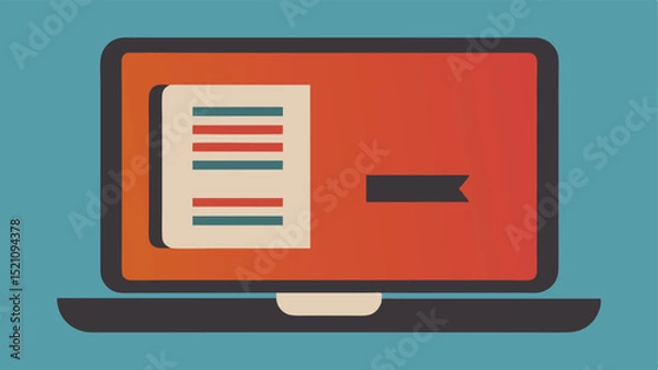 Obraz Retro laptop screen with document and ribbon in simple flat vector style