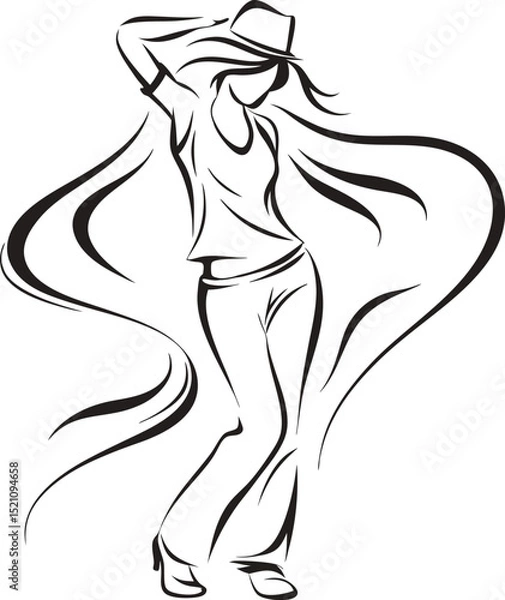 Obraz Elegant woman in hat dancing line art vector illustration full length