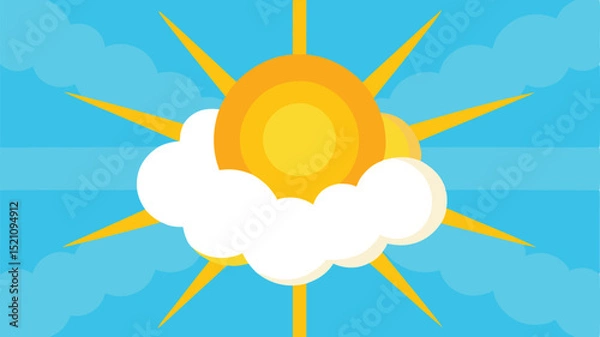 Obraz Cheerful sun shining through clouds in a blue sky flat vector illustration