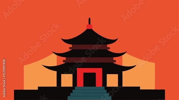Obraz Minimalist illustration of a japanese pagoda temple at sunset with orange sky