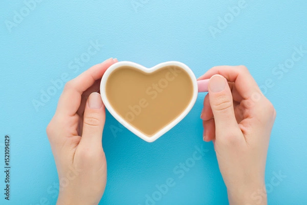 Fototapeta Young adult woman hands holding white heart shape cup of fresh coffee with milk on light blue table background. Pastel color. Closeup. Point of view shot. Top down view.