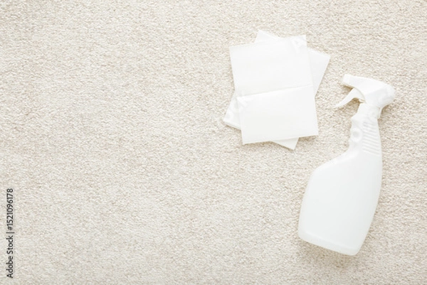 Fototapeta White spray bottle and dry paper napkins for beige soft home carpet cleaning. Closeup. Empty place for text. Top down view.