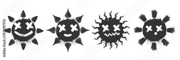 Fototapeta Spray paint graffiti element set of grunge summer happy SUN with grungy face texture. Grunge aesthetic ink graphic symbols of happy, sad, smiling sun isolated on white background