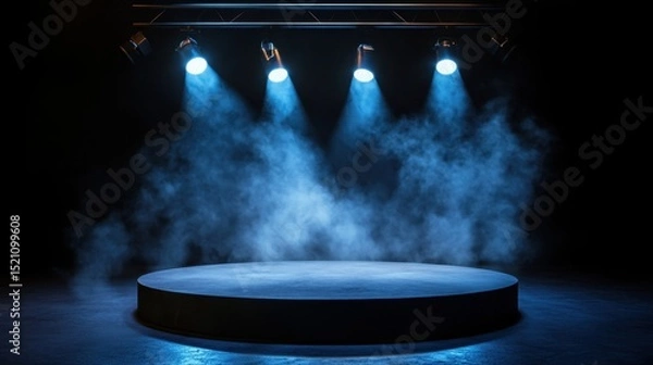 Obraz Circular platform with smoke rising under stage lights in dark dramatic setting