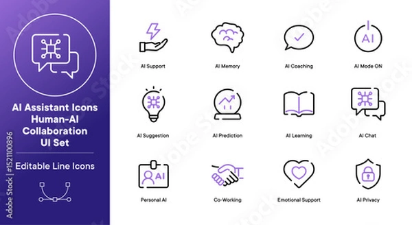 Fototapeta AI Assistant Icons Human-AI Collaboration UI Set