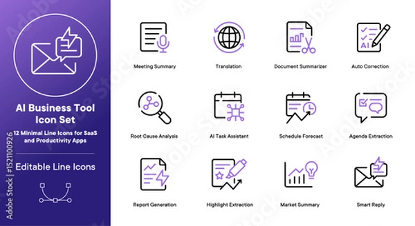 Fototapeta AI Business Tool Icon Set – 12 Minimal Line Icons for SaaS and Productivity Apps