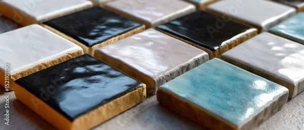 Fototapeta Ceramic glazed tiles in checkerboard layout with light reflection in flat lay top-down view