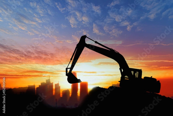 Fototapeta Crawler excavators silhouette are digging the soil in the construction site. With sky and clouds of on sunset background