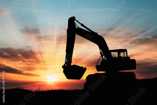Fototapeta Crawler excavators silhouette are digging the soil in the construction site. With blue sky and clouds of on sunset background