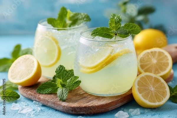 Fototapeta Refreshing mint lemonade served in glasses with lemon slices on a wooden board in a vibrant setting