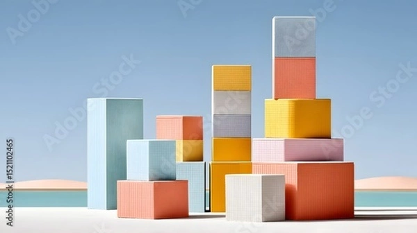 Fototapeta Pastel-colored modular blocks forming a whimsical urban skyline