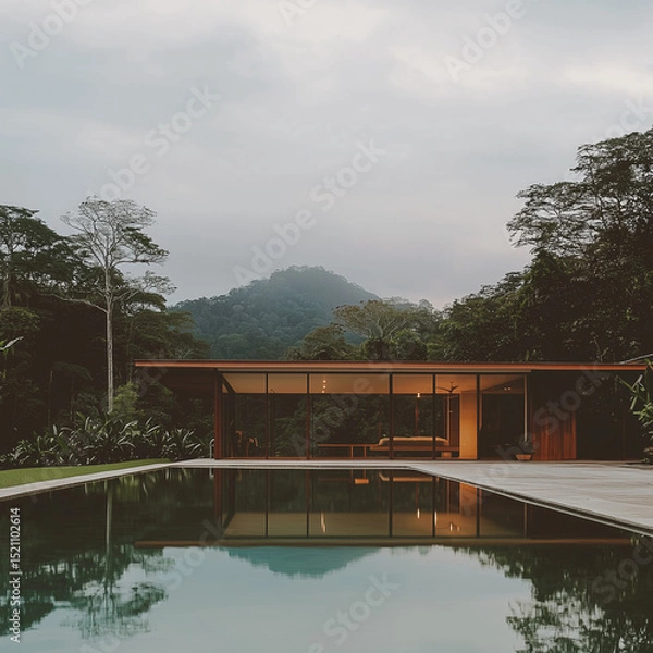 Fototapeta Minimalist Luxury Jungle Lodge with Pool and Utility Lines, Tropical Modernism in 1970s Architectural Style