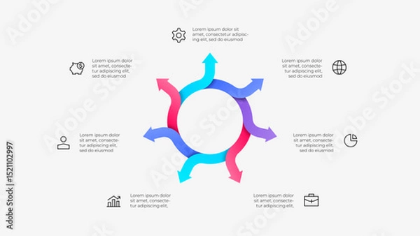 Fototapeta Cycle infographic with 7 arrows pointing in various directions surrounded by business icons, ideal for corporate presentations, data visualization, and highlighting workflow processes