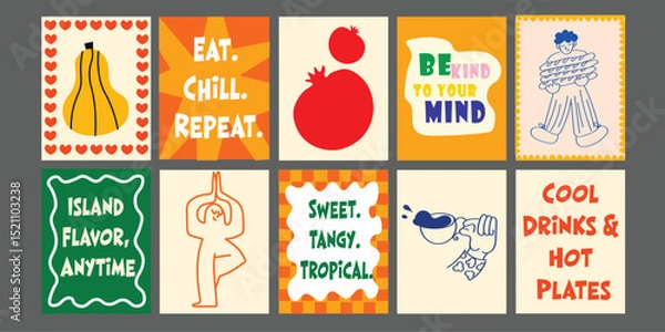 Fototapeta Bistro-style banner with bright vegetables and fruits, including tomato, granat, broccoli, and avocado. Includes catchy phrases like “Eat Bright, Feel Light” and “Nature’s Candy.” 