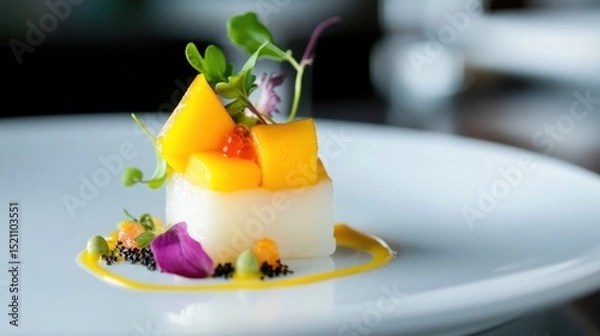 Obraz Close-up of mango-topped sushi with delicate garnishes on a minimalist white plate