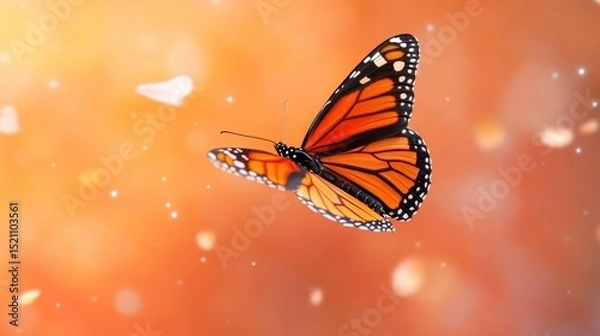 Obraz Close-up of monarch butterfly in motion, vibrant wings flapping in dreamy orange haze