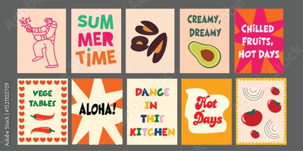 Fototapeta Summer bright banner design featuring sliced tomato, green broccoli, juicy pineapple, avocado halves, and fresh pomegranate. Perfect for promoting summer menus, food events, or healthy eating.