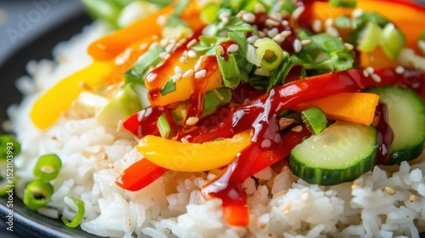 Obraz Close-up of seasoned rice topped with colorful stir-fried veggies and spicy drizzle