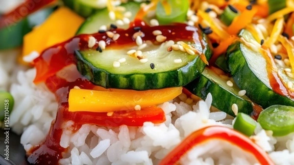Obraz Close-up of seasoned rice topped with colorful stir-fried veggies and spicy drizzle