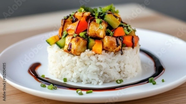 Obraz Close-up of seasoned rice topped with colorful stir-fried veggies and spicy drizzle