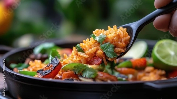 Obraz Close-up of spicy rice with grilled veggies, lime wedge on the side, warm lighting