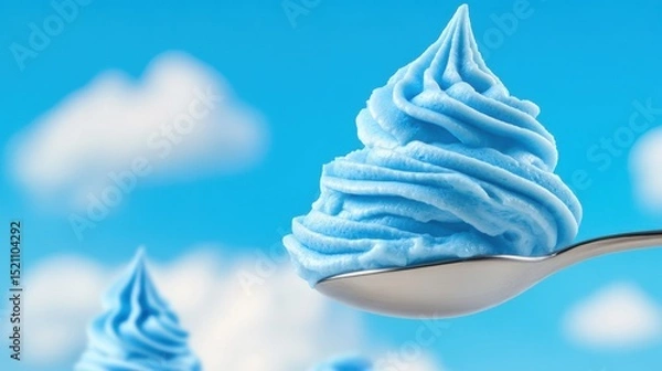 Obraz Close-up of swirled blue whipped cream on a spoon floating against a vibrant sky-blue background