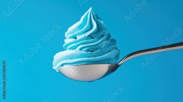 Obraz Close-up of swirled blue whipped cream on a spoon floating against a vibrant sky-blue background