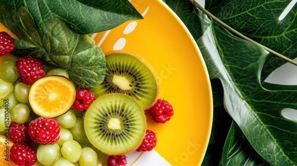 Obraz Close-up of vibrant fruit plate with kiwi and berries framed by natural foliage