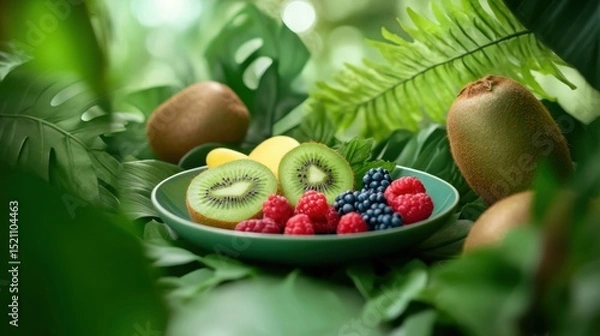 Obraz Close-up of vibrant fruit plate with kiwi and berries framed by natural foliage
