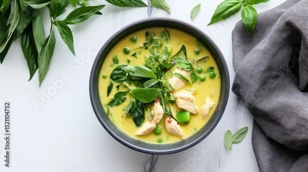 Obraz Coconut milk curry bubbling with chicken, herbs, and spice blend
