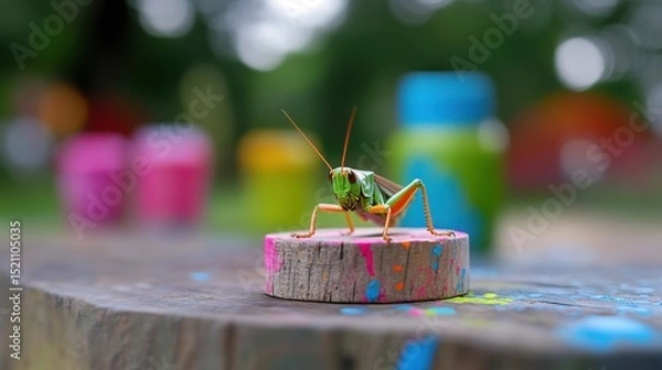 Obraz Color-splashed grasshopper caught in still moment atop aged wooden slab