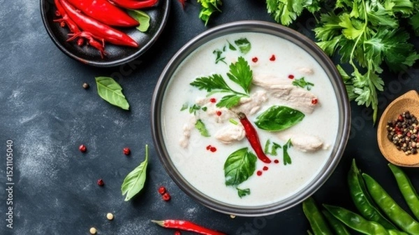 Obraz Coconut milk curry bubbling with chicken, herbs, and spice blend