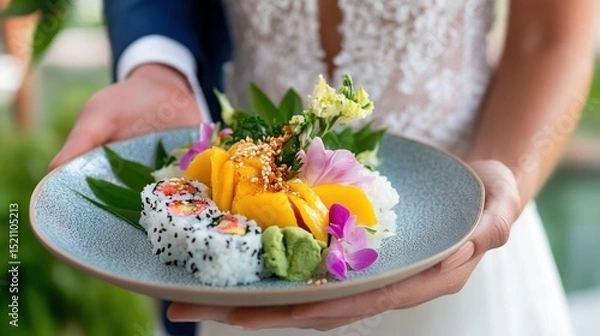 Obraz Colorful fusion sushi with mango slices, rice, and spicy drizzle on ceramic plate