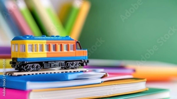Obraz Colorful plastic train rests atop colorful books with soft green backdrop, playful education theme