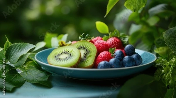 Obraz Colorful plate filled with fresh berries and kiwi slices, surrounded by green leaves