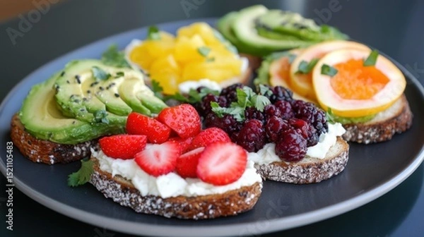 Obraz Colorful plate of avocado toast variations using fruits, herbs, and spices
