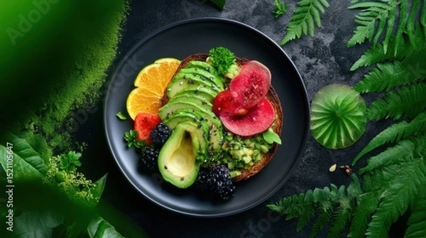Obraz Colorful plate of avocado toast variations using fruits, herbs, and spices