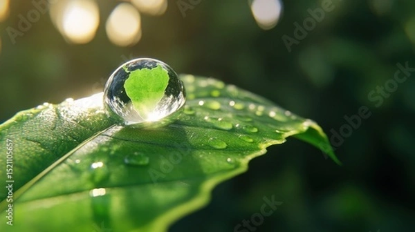 Obraz Conceptual image of a transparent droplet forming Earth on a bright green leaf, calling for ecological action