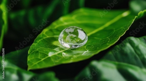 Obraz Conceptual image of a transparent droplet forming Earth on a bright green leaf, calling for ecological action