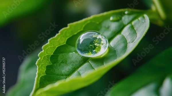 Obraz Conceptual image of a transparent droplet forming Earth on a bright green leaf, calling for ecological action