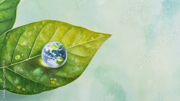 Obraz Conceptual image of a transparent droplet forming Earth on a bright green leaf, calling for ecological action