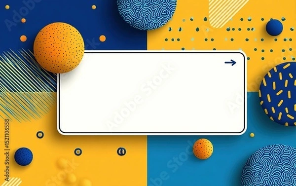 Obraz Mobile ad banner: geometric blue-yellow background, editable central text box, touch screen arrow UI customization, flat vector multi-purpose template.