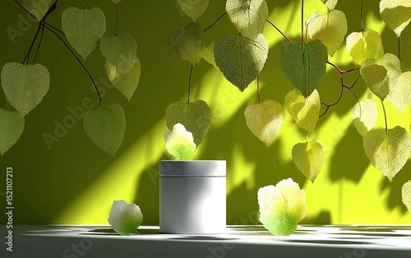 Fototapeta Minimal cosmetic display podium with white box on lime green, 3D mockup featuring leaf shadows and soft lighting, close-up product packaging visual