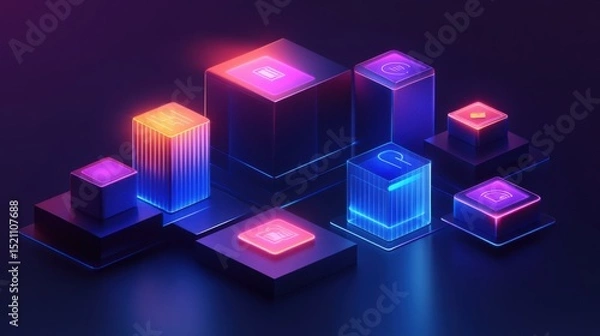 Obraz Futuristic glowing cubes with icons representing technology, communication, and data processing in a digital environment