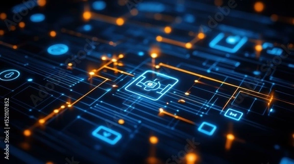 Fototapeta Abstract digital circuit board with glowing blue and orange lines representing technology and innovation